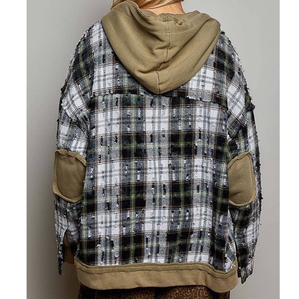 POL Distressed Plaid Hooded Shacket Green White Oversized Flannel FWJ53A g5